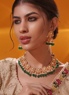 Gold plated green stone kundan necklace set 2