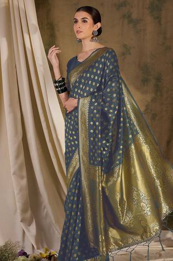 sophisticated grey banarasi art silk saree with weaving work 
