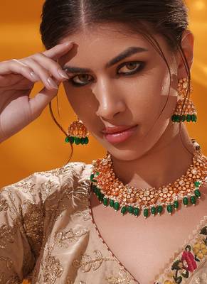 Gold plated green stone kundan necklace set 4