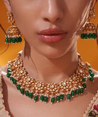 Gold plated green stone kundan necklace set 5