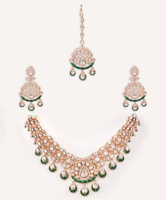 Gold plated green stone kundan necklace set 1