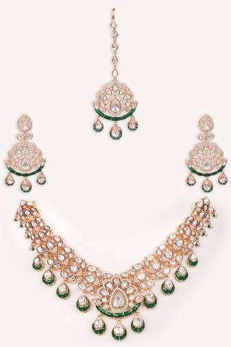 Gold plated green stone kundan necklace set