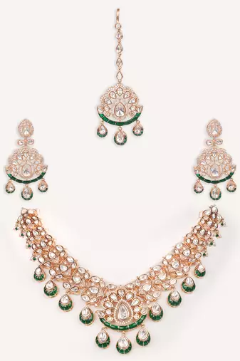 Gold plated green stone kundan necklace set