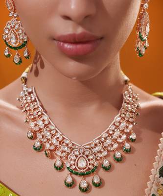Gold plated green stone kundan necklace set 5