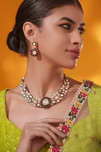 Gold plated multicolor stone kundan necklace set
