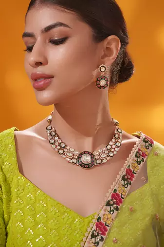 Gold plated multicolor stone kundan necklace set