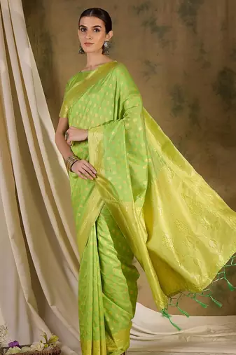 elegant pista green banarasi art silk saree with weaving work 