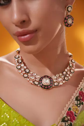 Gold plated multicolor stone kundan necklace set