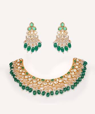 Gold plated green stone kundan necklace set 1