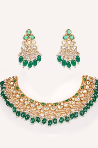 Gold plated green stone kundan necklace set
