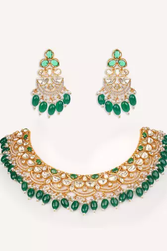 Gold plated green stone kundan necklace set