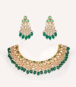 Gold plated green stone kundan necklace set