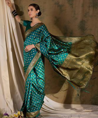 striking teal banarasi art silk saree with weaving work  1