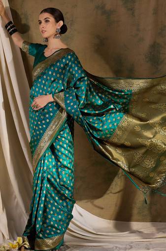 striking teal banarasi art silk saree with weaving work 