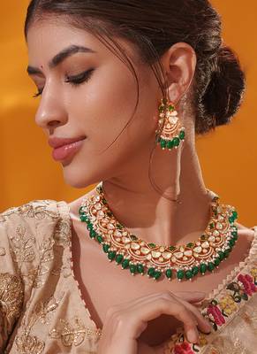 Gold plated green stone kundan necklace set 2