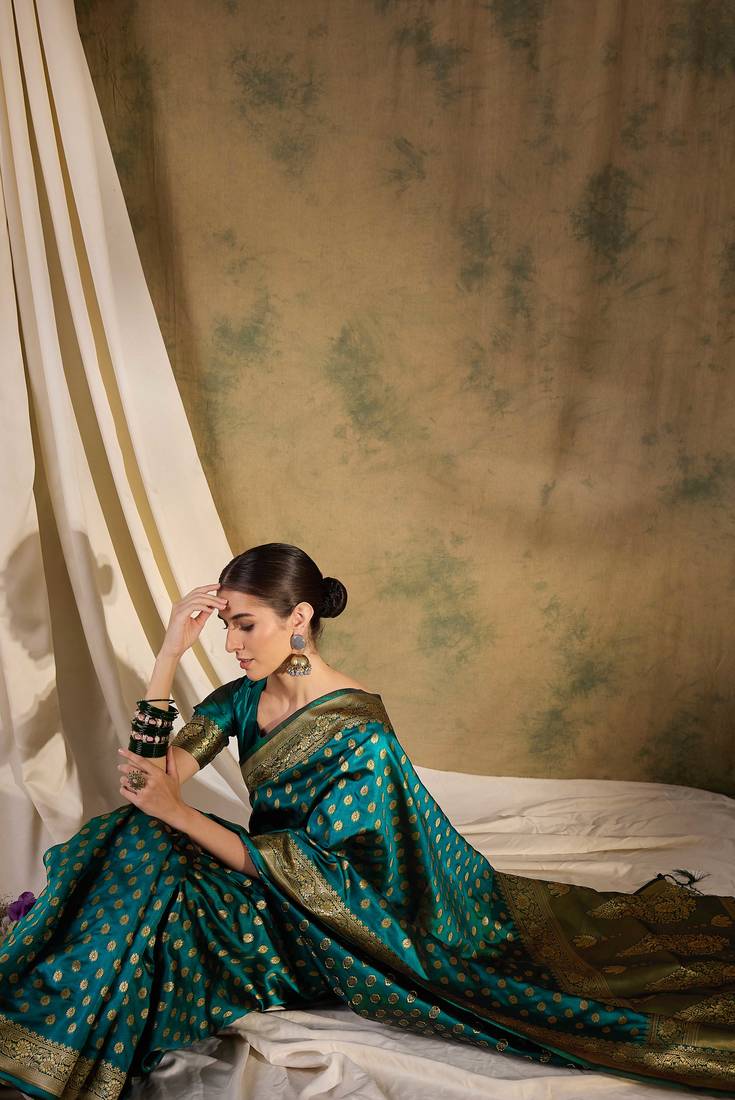 striking teal banarasi art silk saree with weaving work 