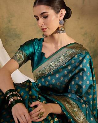 striking teal banarasi art silk saree with weaving work  3