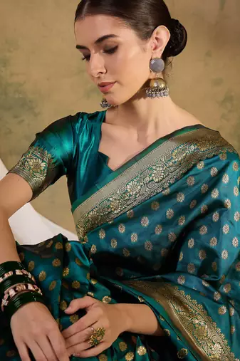 striking teal banarasi art silk saree with weaving work 