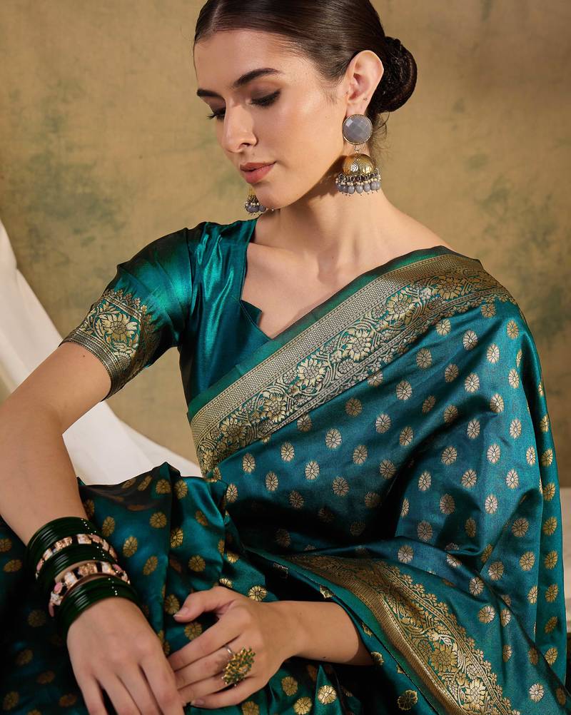 striking teal banarasi art silk saree with weaving work 