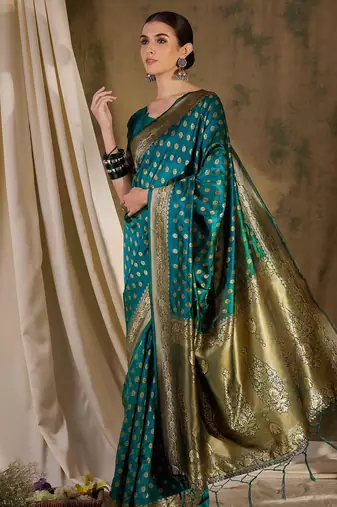 striking teal banarasi art silk saree with weaving work 