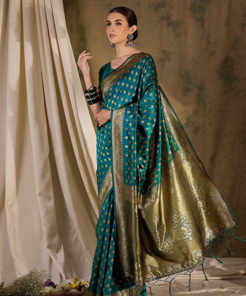 striking teal banarasi art silk saree with weaving work 