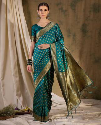 striking teal banarasi art silk saree with weaving work  5
