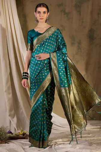 striking teal banarasi art silk saree with weaving work 