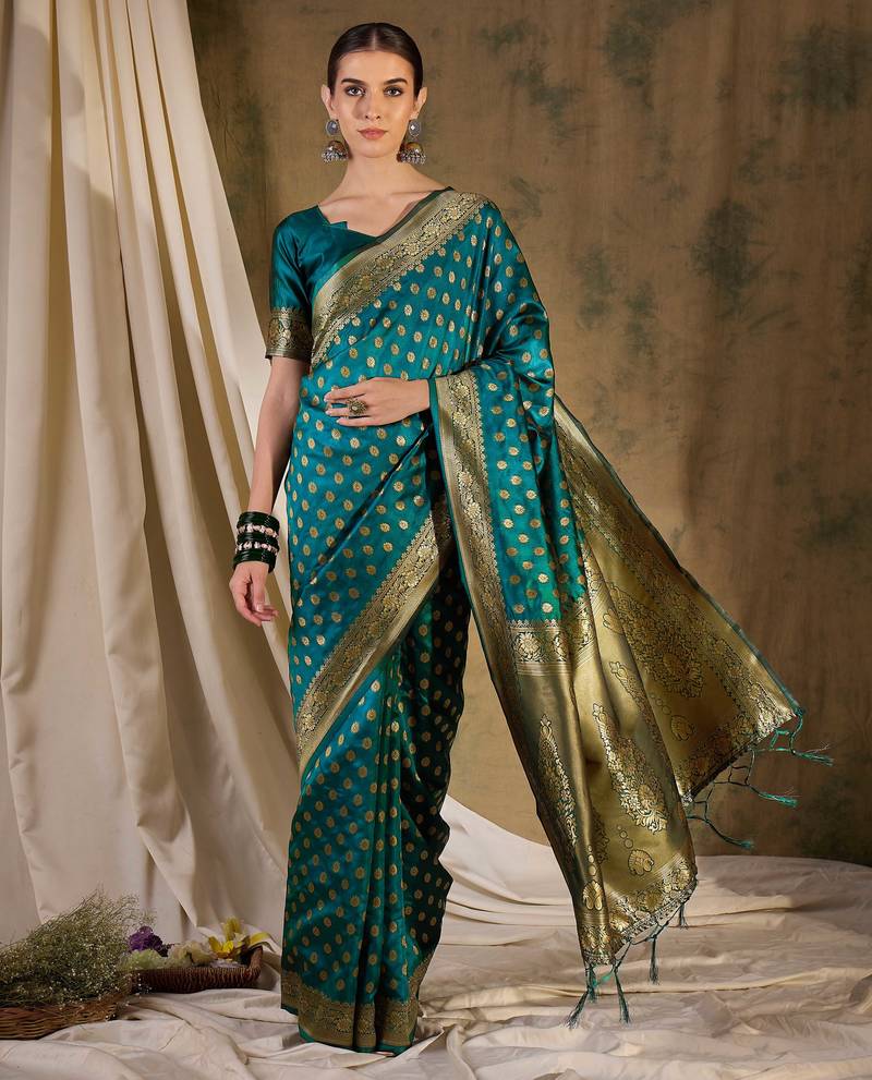 striking teal banarasi art silk saree with weaving work 