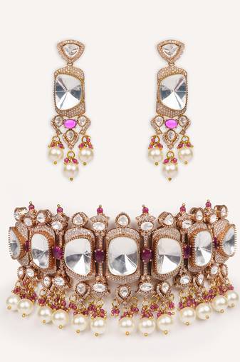 Gold plated red stone kundan necklace set