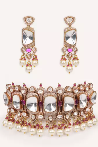 Gold plated red stone kundan necklace set