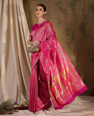 beautiful pink banarasi art silk saree with weaving work  1