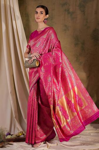 beautiful pink banarasi art silk saree with weaving work 