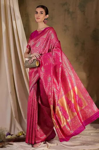 beautiful pink banarasi art silk saree with weaving work 