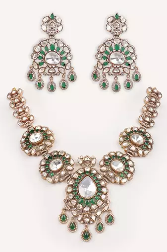 Gold plated green stone kundan necklace set