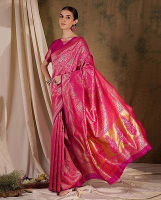 beautiful pink banarasi art silk saree with weaving work  3