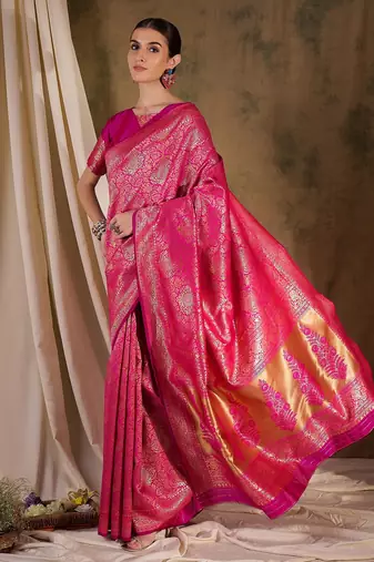 beautiful pink banarasi art silk saree with weaving work 