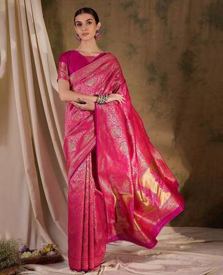 beautiful pink banarasi art silk saree with weaving work  4
