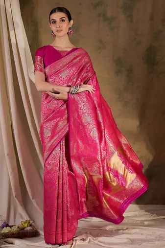 beautiful pink banarasi art silk saree with weaving work 