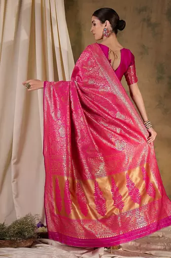 beautiful pink banarasi art silk saree with weaving work 