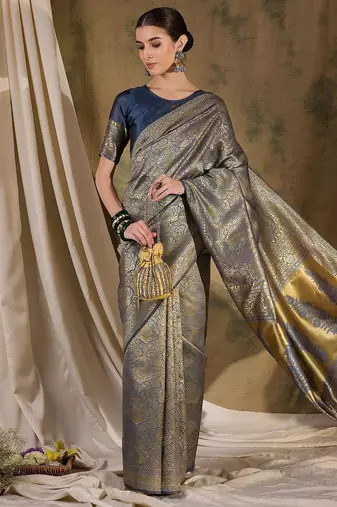 stylish grey banarasi art silk saree with weaving work 