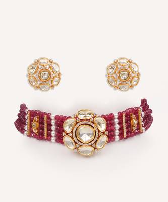 Gold plated red stone kundan necklace set 1
