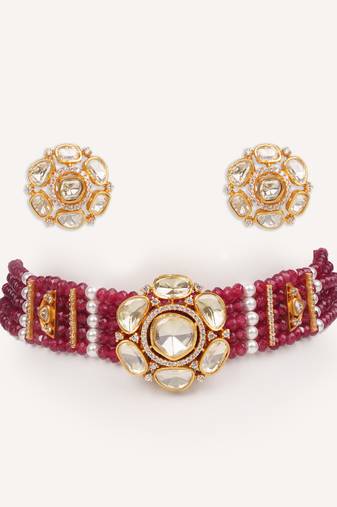 Gold plated red stone kundan necklace set