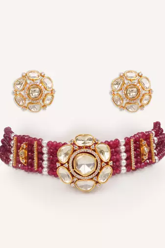 Gold plated red stone kundan necklace set