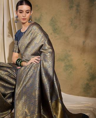stylish grey banarasi art silk saree with weaving work  2