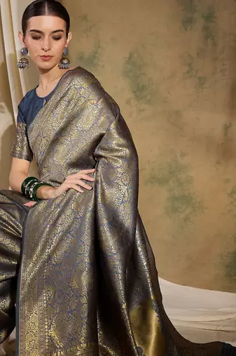 stylish grey banarasi art silk saree with weaving work 