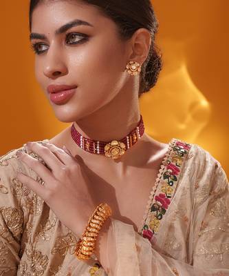 Gold plated red stone kundan necklace set 2
