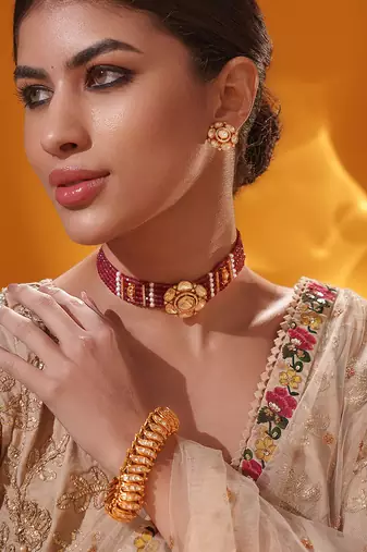 Gold plated red stone kundan necklace set