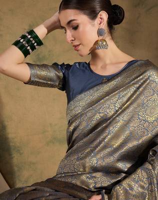 stylish grey banarasi art silk saree with weaving work  3