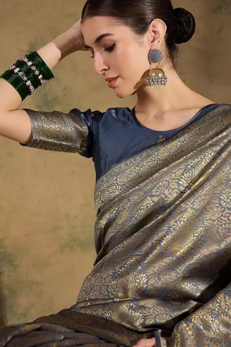 stylish grey banarasi art silk saree with weaving work 