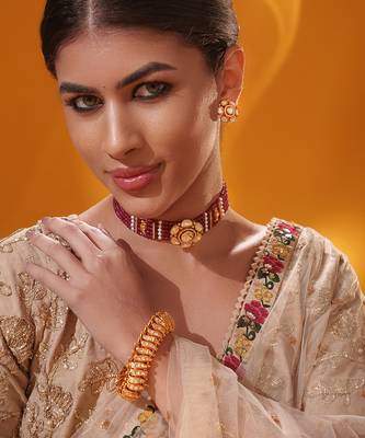 Gold plated red stone kundan necklace set 3